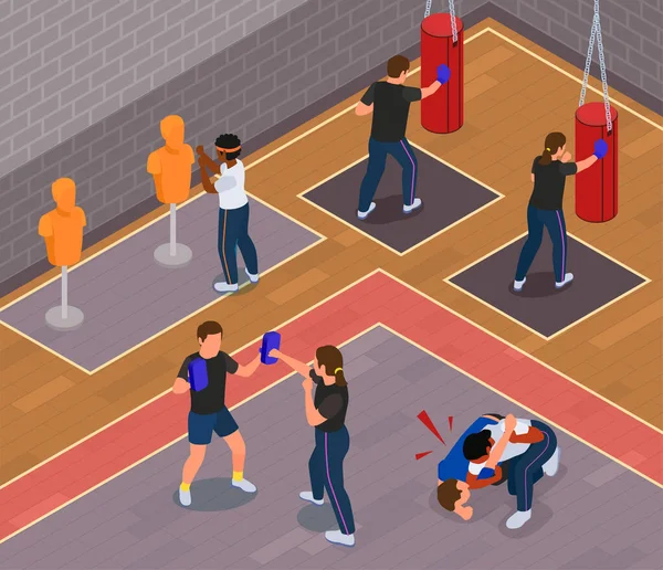 Spor Salonunda Kendini Savunma Teknikleri Uygulayan Insanlar Eşölçülü Vektör Illüstrasyonuyla — Stok Vektör