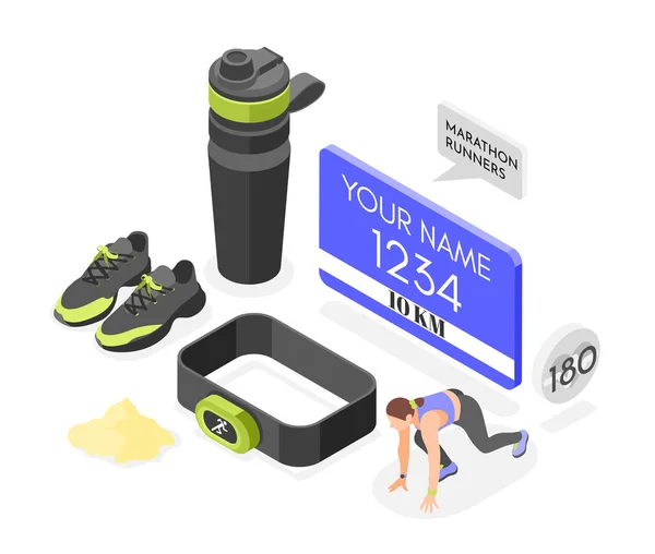 赛跑选手装备由运动鞋 运动水瓶和其他跑步附件组成的等距组合 — 图库矢量图片