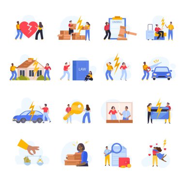 Boşanmış eşlerin karakterleri eşleştirilmiş vektör illüstrasyonuna sahip boşanma dairesi simgelerinde mülkiyet bölünmesi