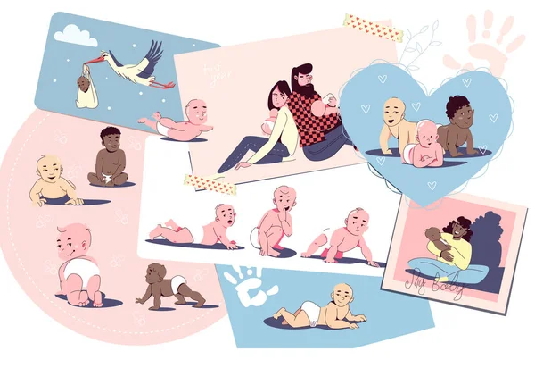 Bebé Dibujo Composición Collage Con Lindo Doodle Estilo Personajes Padres — Archivo Imágenes Vectoriales