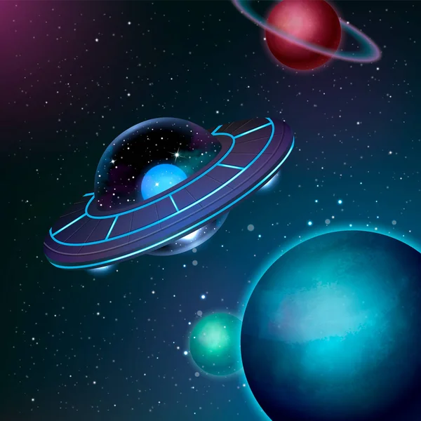Ufo Raumschiff Realistisches Plakat Mit Außerirdischem Raumschiff Unter Planeten Vektor — Stockvektor