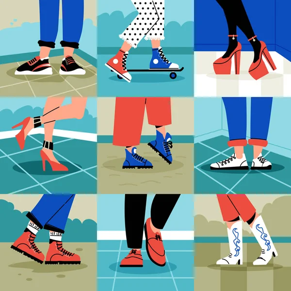 Piernas Humanas Que Usan Zapatos Planos Con Calzado Masculino Femenino — Vector de stock