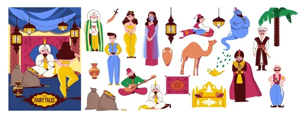 Orientalische Märchen Flache Komposition Mit Cartoon Märchenhelden Aus Arabischen Märchen — Stockvektor