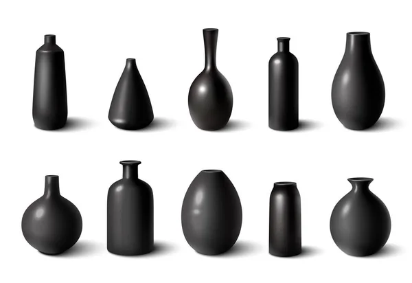 Szett Fényes Fekete Kerámia Porcelán Vázák Reális Elszigetelt Vektor Illusztráció — Stock Vector