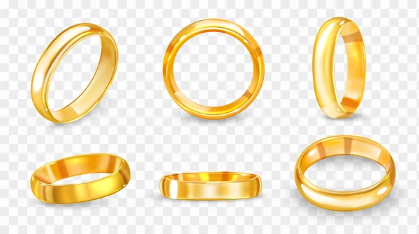 Anel Casamento Realista Definido Com Seis Vistas Isoladas Anel Dourado — Vetor de Stock