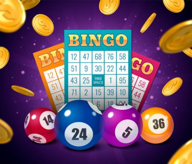 Piyango biletleriyle Bingo oyunu gerçekçi posteri ve arka planda düşen sikkeler vektör illüstrasyonlu renkli toplar