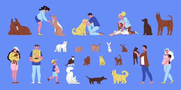 Állatmenhely Színes Készlet Állatok Önkéntesek Emberek Barátok Kék Háttér Lapos — Stock Vector