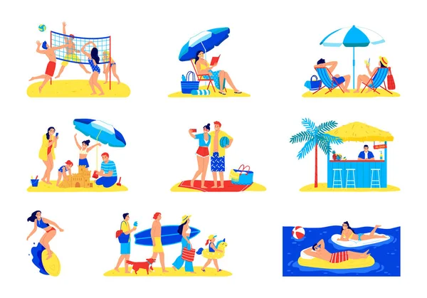 Vacation Sandy Beach Flat Set People Relaxing Swimming Playing Volleyball — Stock Vector