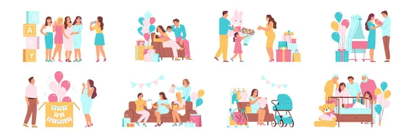 Glückliche Eltern Während Der Babyduschparty Und Mit Neugeborenen Flachbild Vektorillustration — Stockvektor