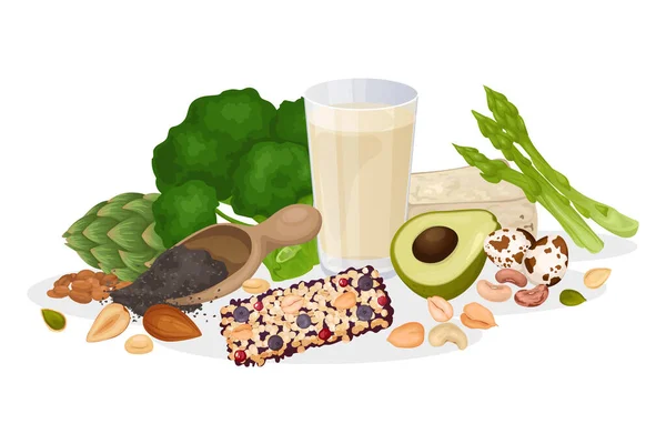 用空白背景向量说明坚果绿蛋和果条分离观点的健康蛋白质食品组成 — 图库矢量图片