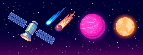 Ruimteverkenning Cartoon Samenstelling Met Planeten Satelliet Komeet Vallende Meteoriet Vector — Stockvector