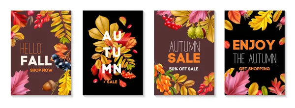 Autumn Sale Realistic Promo Posters Set Decorated Fall Leaves Acorns — Stock Vector