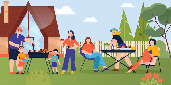 大家族住在乡间别墅的草坪上 在别墅平面招贴画上烧烤 — 图库矢量图片