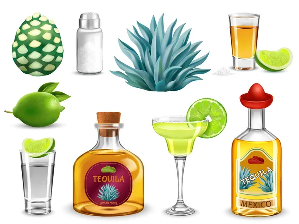 Tequila Mexican Strong Alcoholic Beverage Bottles Glasses Realistic Set Isolated — Stock Vector