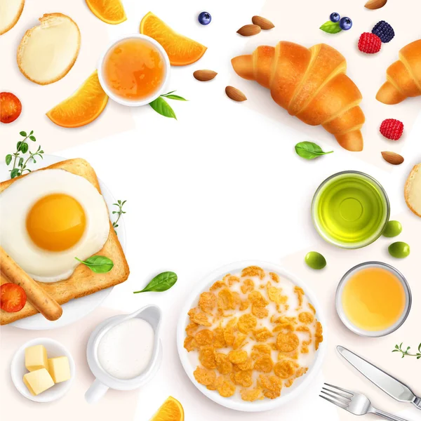 早餐写实构图 空间空旷 上图附有餐具矢量图解的晨餐图像 — 图库矢量图片