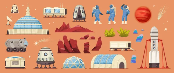 Horizontale Reihe Isolierter Symbole Mit Geländeteilen Gebäude Raumfahrzeuge Astronauten Raumanzügen — Stockvektor