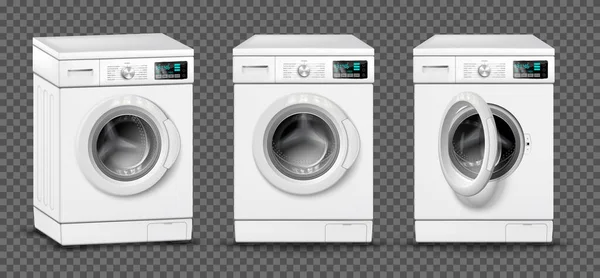 透明な背景と洗濯機の別の角度ベクトルのイラストが付いている孤立した眺めが付いている現実的な洗濯機セット — ストックベクタ