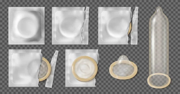 Sada Realistickými Ikonami Kondomu Průhledném Pozadí Baleným Vybaleným Zbožím Stříbrnými — Stockový vektor