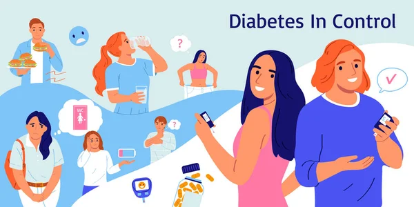 Diabetes Komposition Mit Editierbarem Text Und Menschlichen Charakteren Von Patienten — Stockvektor