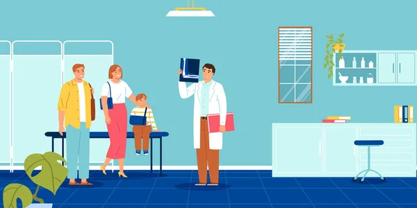 Σύνθεση Οικογενειακού Γιατρού Εσωτερικό Σκηνικό Ιατρικού Γραφείου Γονείς Παιδιά Και — Διανυσματικό Αρχείο