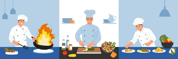 Cooks Set Three Square Compositions Professional Chefs Cutting Vegetables Frying — Stock Vector