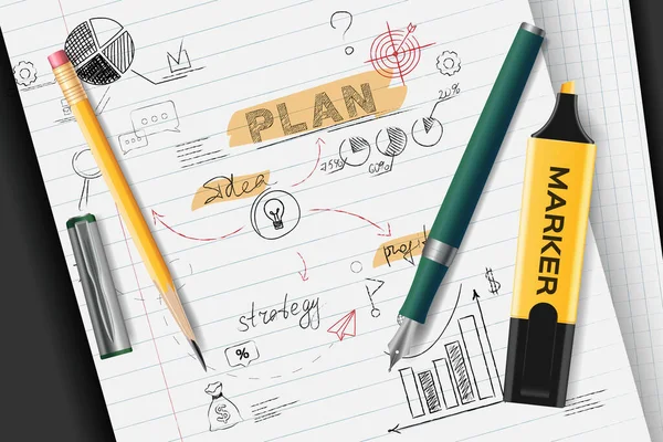 Businessplan Realistischen Hintergrund Mit Notizbuch Blatt Mit Bleistiftskizzen Vektor Illustration — Stockvektor