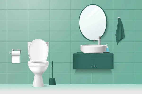 衛生ベクターのイラストを練習するための白いトイレ洗面台ミラーとアクセサリーを備えた緑色のトーンで浴室の洗面台のリアルなインテリア — ストックベクタ