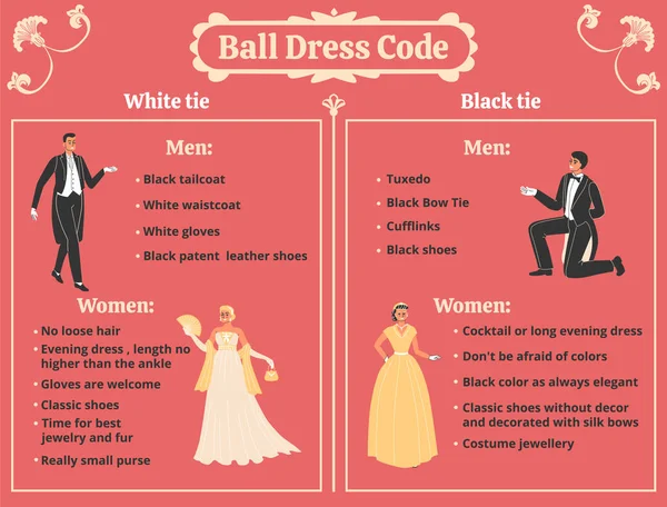 男性と女性のドレスコードシンボルフラットベクターイラストとロイヤルボールインフォグラフィックセット — ストックベクタ