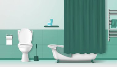 Banyo içi yeşil elementlerle dolu tuvalet küveti ve havlu rayı gerçekçi vektör illüstrasyonu