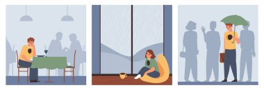 Yalnızlık, üç kare kompozisyonlu düz bir set insan karakterlerinin iç kısımları ve diğer siluet vektör çizimleri