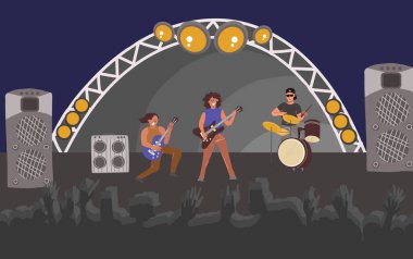 Sahnede rock müzik konserinde bateri ve gitar çalan grup seyirci siluetleri düz vektör illüstrasyonlarıyla