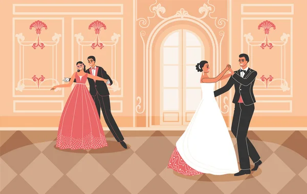 Königlicher Ball Hintergrund Mit Tanz Und Eleganten Kleidungssymbolen Flache Vektorillustration — Stockvektor
