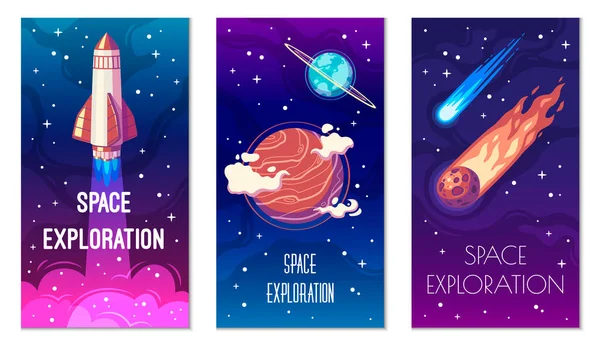 Utforskning Rymden Vertikala Affischer Tecknad Serie Med Raket Uppskjutning Planeter — Stock vektor