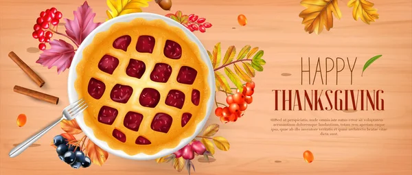 Joyeux Thanksgiving Affiche Horizontale Décorée Avec Automne Feuilles Automne Tarte — Image vectorielle