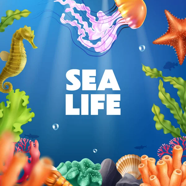 Meeresleben Realistischen Hintergrund Mit Riff Algen Korallen Quallen Muschel Seestern — Stockvektor