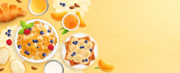トウモロコシフレークのベクターイラスト付きのサービングスイートトーストとミルクの現実的なトップビューの子供の朝食構成 — ストックベクタ