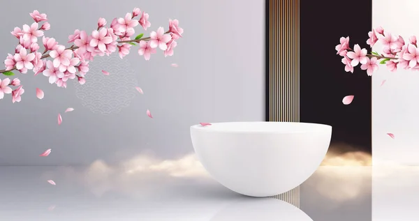 サクラの花びらと深い白い皿のベクターのイラストが付いている最小限の日本様式表彰台の現実的な背景の構成 — ストックベクタ
