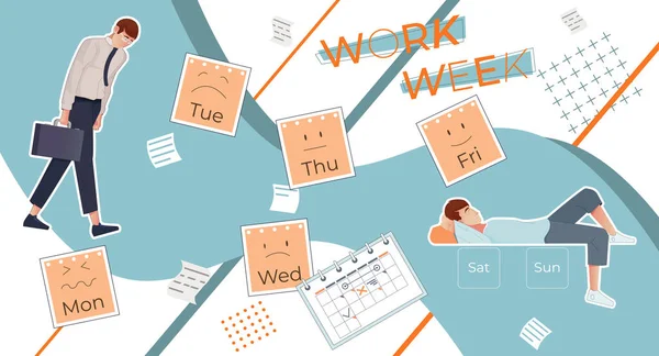 工作周拼贴在平面风格与日历和疲惫的官员工人放松在周末病媒图解 — 图库矢量图片