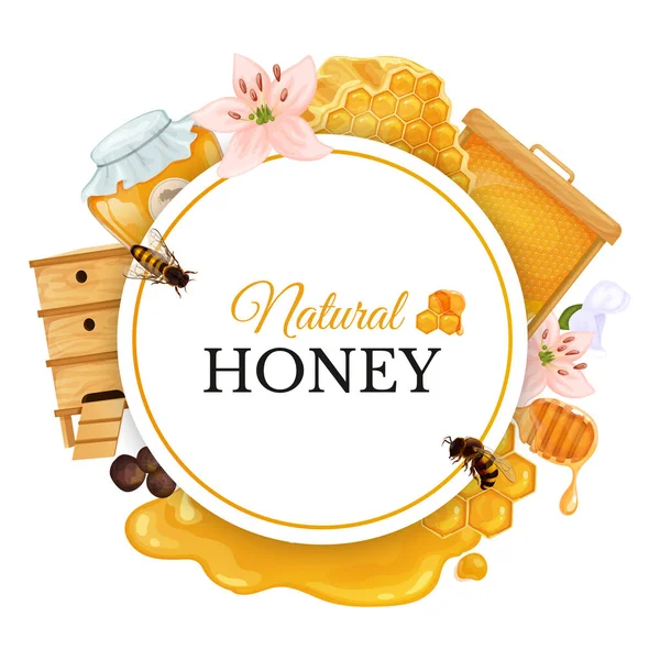 Natürliche Honig Runden Rahmen Mit Bienenwaben Bienenstock Und Bienen Realistische — Stockvektor