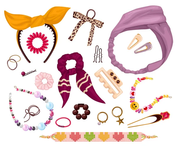 Trendy Accessories Decoration Items Female Persons Bracelets Hair Pins Isolated — Stock Vector