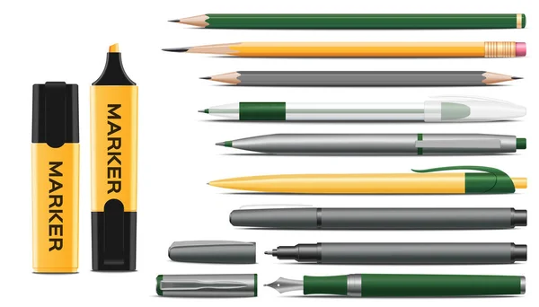 木の鉛筆マーカーボールゲルとインクペン現実的なセットの隔離ベクターイラスト — ストックベクタ