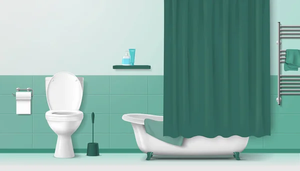带有绿色元素的浴室室内马桶浴缸和毛巾栏杆的真实感矢量图解 — 图库矢量图片