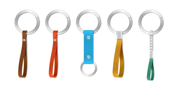 Silberne Schlüsselanhänger Schlüsselanhänger Aus Metall Mit Bunten Lederelementen Realistisches Set — Stockvektor