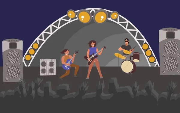 Zenekar Játszik Dob Gitár Rockzenei Koncert Szabadtéri Színpadon Sziluettekkel Közönség — Stock Vector