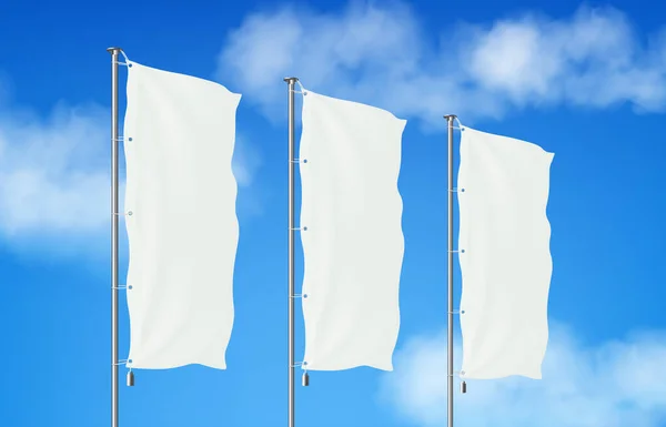 Acenando Bandeiras Publicidade Branco Postes Metal Com Céu Azul Fundo — Vetor de Stock