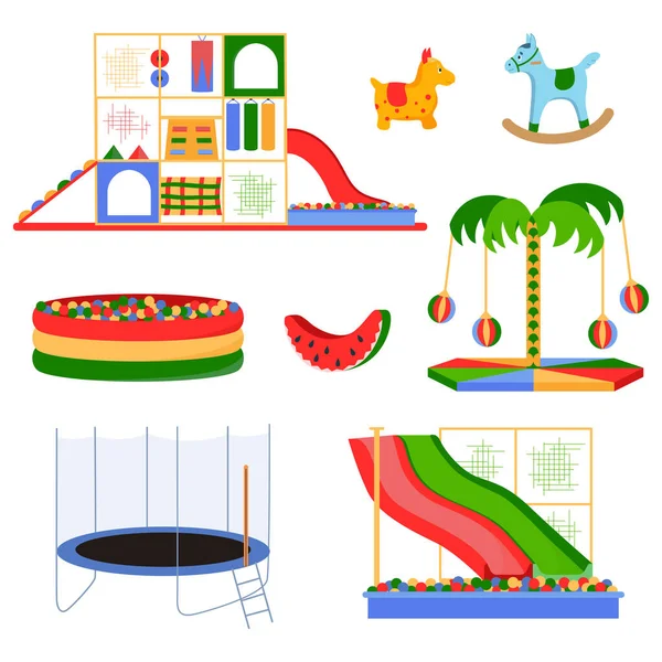 Mall Kinder Spielzimmer Flache Farbe Set Pool Mit Kunststoffbällen Trampolin — Stockvektor