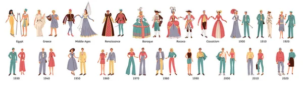 Historia Moda Conjunto Plano Parejas Humanas Vestidas Con Estilo Edad — Archivo Imágenes Vectoriales