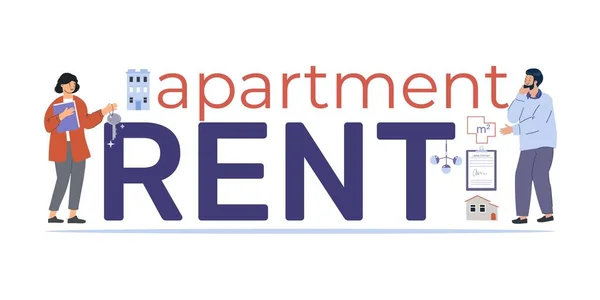 Louer Appartement Texte Plat Avec Agent Immobilier Détenant Clé Homme — Image vectorielle