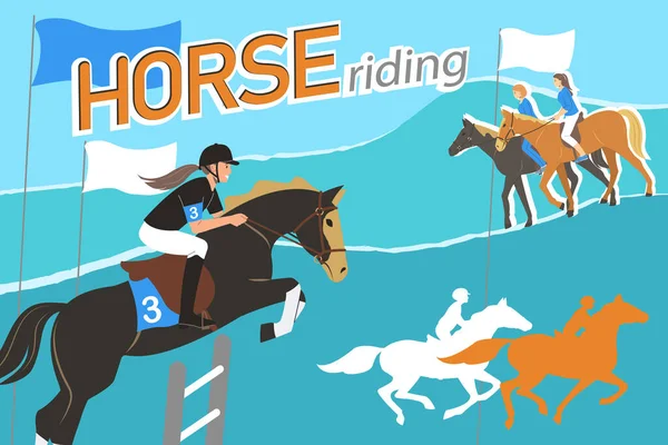 Colagem Equitação Com Equestres Fêmeas Bandeiras Fundo Colorido Ilustração Vetorial —  Vetores de Stock