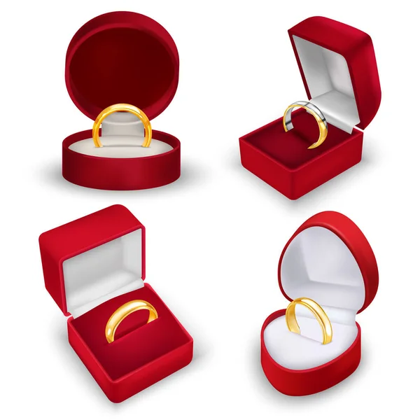 Realistické Červené Prsten Box Sada Čtyř Izolovaných Pohledů Snubními Prsteny — Stockový vektor